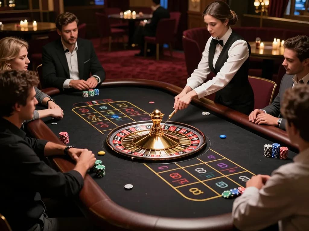 Engaged players placing bets on fabet roulette table with croupier spinning the wheel.