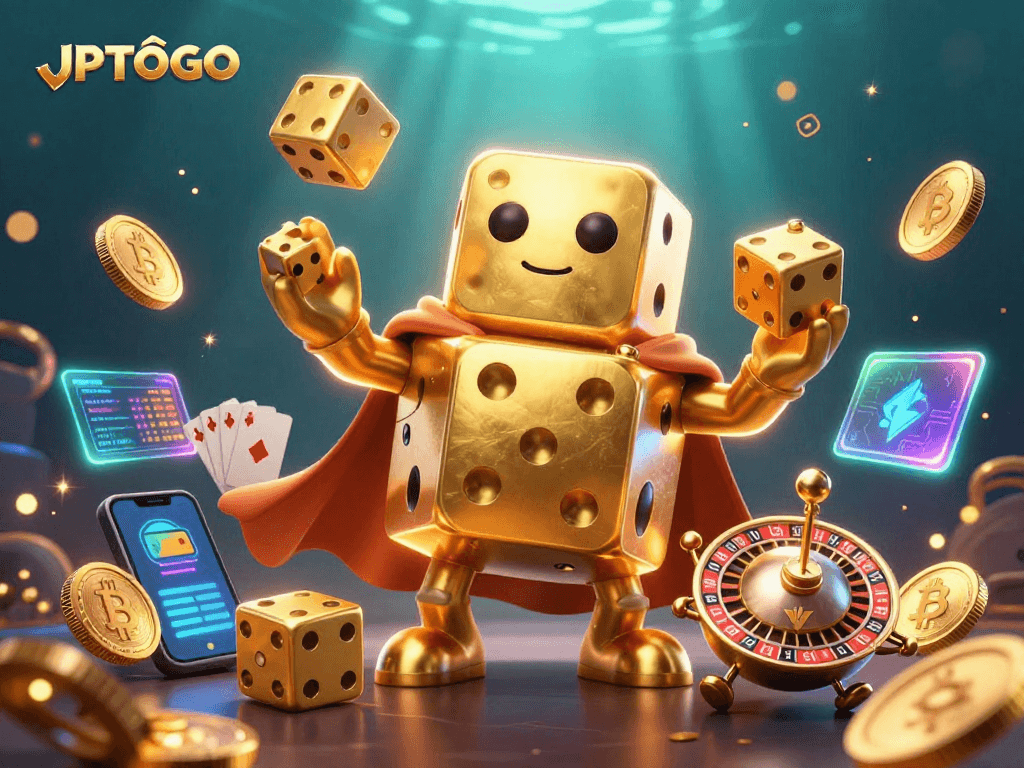 Engage with JPTOTO as a lively 3D cartoon dice golem in a vibrant casino scene
