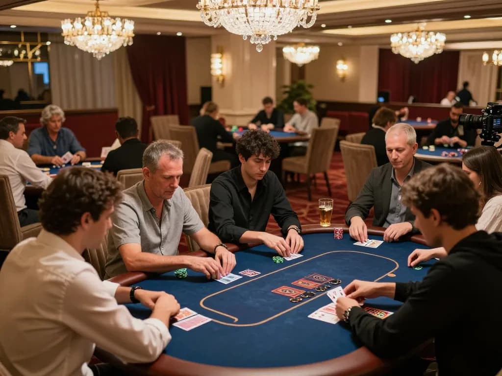 Permainan poker berisiko tinggi di area VIP mewah dengan pemain yang terlibat dalam strategi dan permainan HD4D.