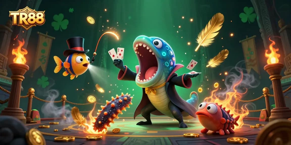 TR88 showcases a dynamic scene of a deep-sea gulper eel magician performing gambling tricks, coupled with an anglerfish and sea cucumber.