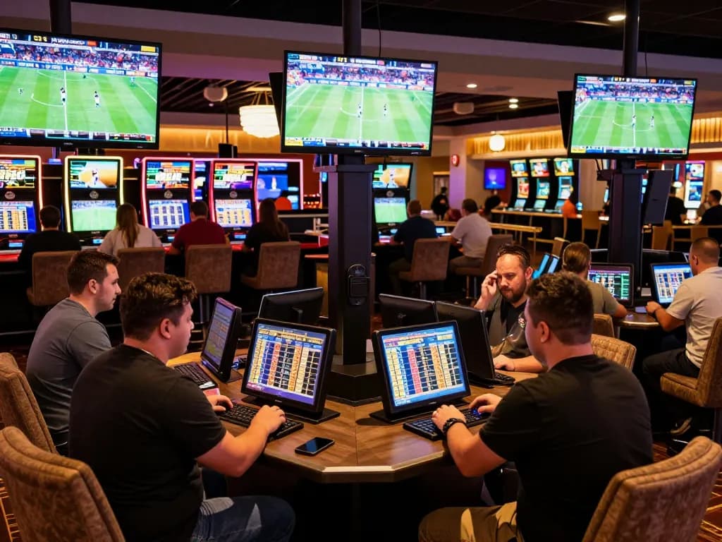 Bsport betting enthusiasts analyzing odds in a lively casino sports lounge atmosphere