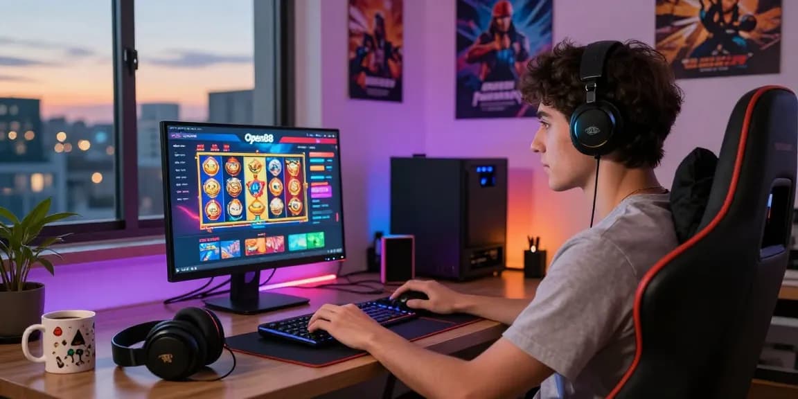 Experience the excitement of online gaming on https://open88.games/ with a vibrant home office setup showcasing dynamic slot games and sports betting displays.