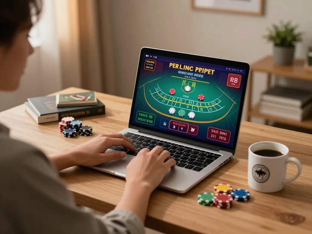 Player engaged in sc88 online blackjack with chips visible, cozy setting, laptop gameplay