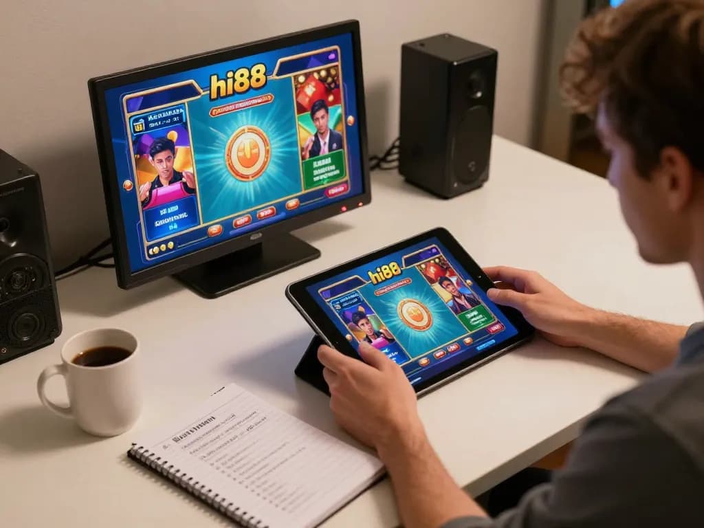 Engaging with hi88 online casino games on a tablet, showcasing vibrant gameplay atmosphere