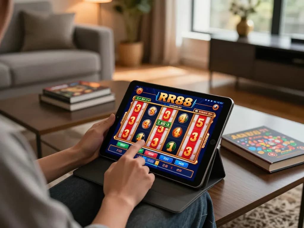 Player using the RR88 app in a stylish home setting, emphasizing online casino excitement.