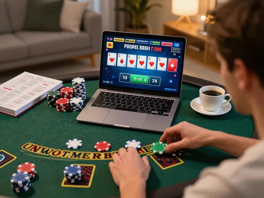 Pemain Bintangmpo merencanakan strategi selama permainan blackjack online dengan chip dan kopi