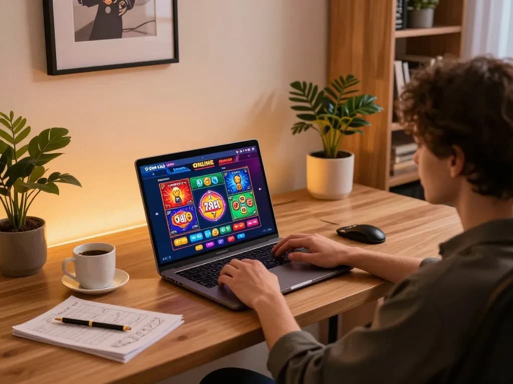A player engaged with the 789 club online casino on a sleek laptop in a cozy home office setting
