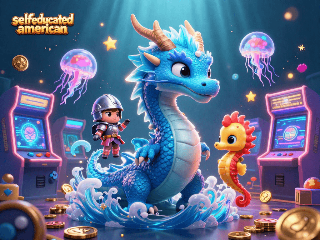 Engage with selfeducatedamerican's vibrant underwater casino fantasy featuring a dragon and neon jellyfish.
