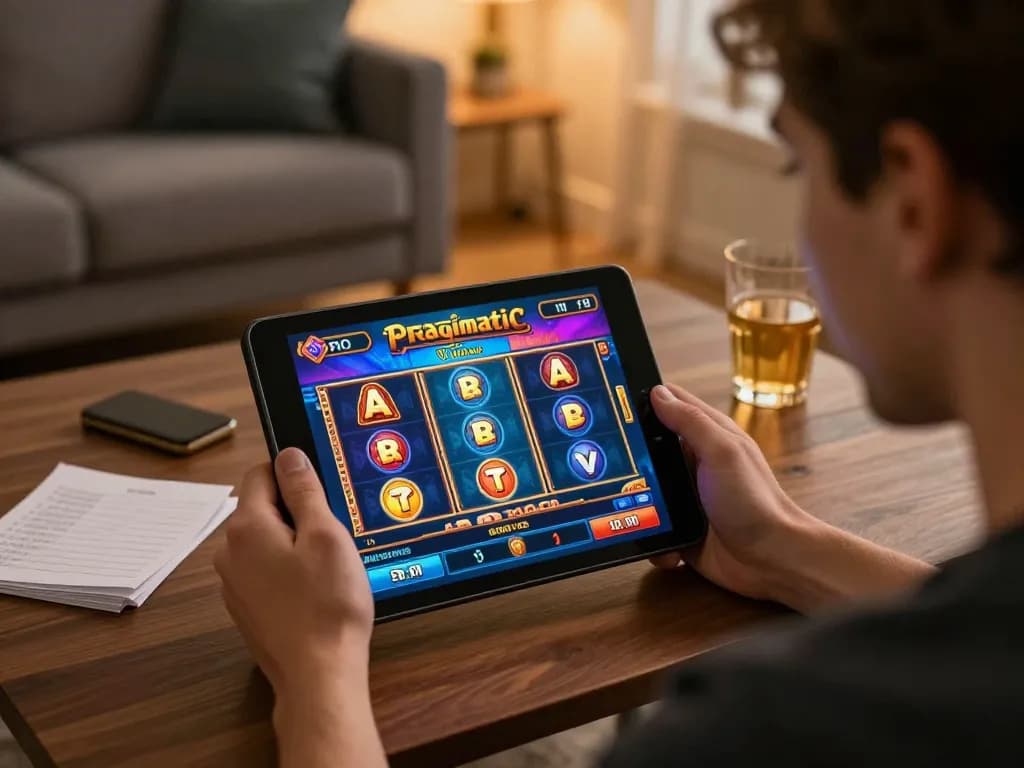 Engaging in Pragmatic Slot gameplay on a tablet in a cozy home setup.