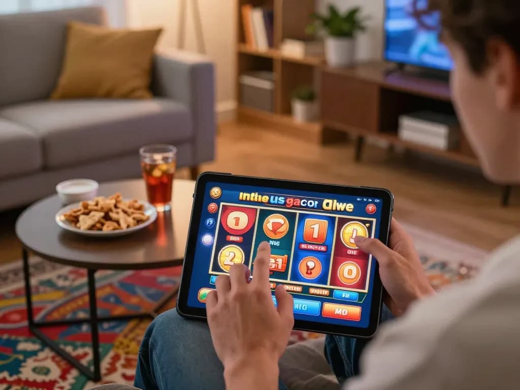 Engaging with situs gacor slot machine on a tablet while relaxing at home.