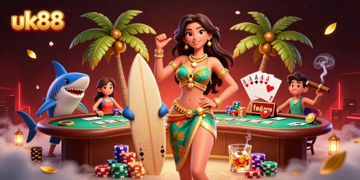Experience the excitement of gambling with uk88 in a lively scene featuring colorful poker elements and a vibrant atmosphere.