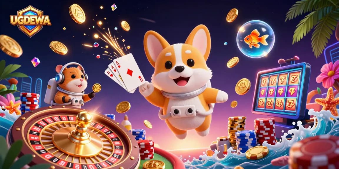 Experience immersive casino fun with UGDEWA through a vibrant 3D illustration of floating gaming elements.
