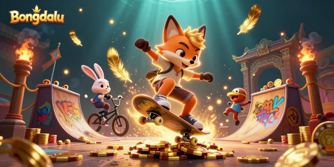 Bongdalu showcases a vibrant 3D scene with a skateboarder fox over poker chips and a BMX rabbit, capturing casino energy.