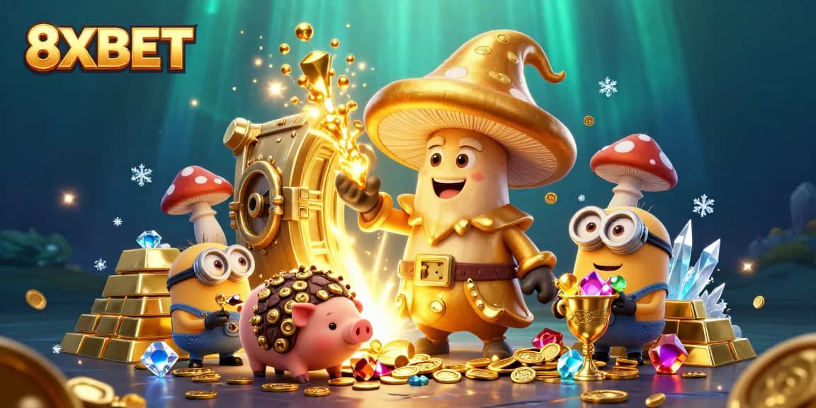 Experience the thrill of winning with 8XBET in a vibrant treasure hunt filled with gold and gems.