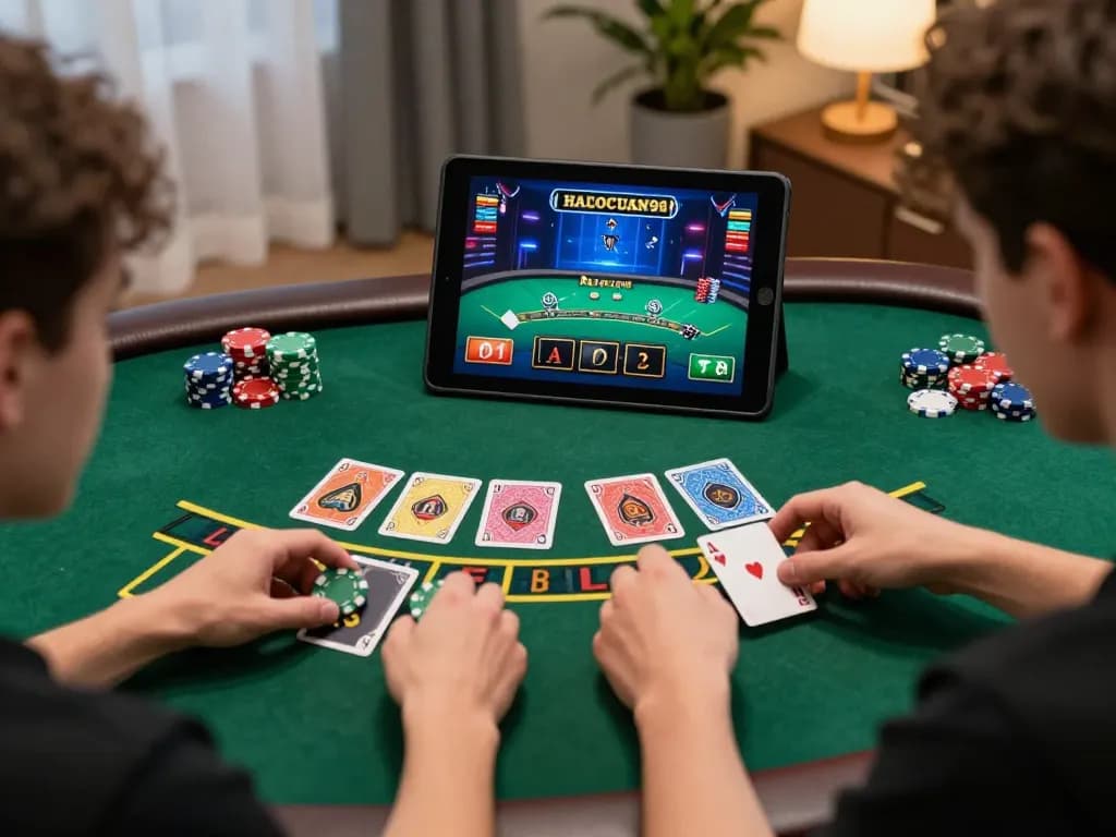 Pemain terlibat dengan permainan dealer langsung HALOCUAN98 di tablet, menunjukkan permainan yang strategis.