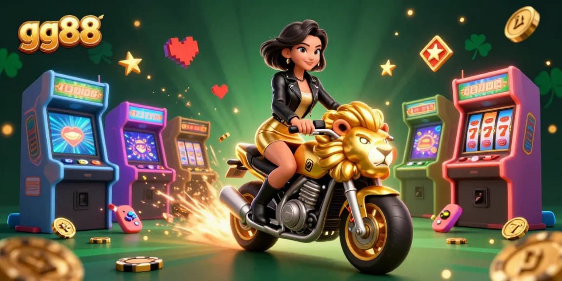 Experience thrilling gameplay at gg88 with a glamorous woman riding a golden lion mascot in vibrant casino scenery.