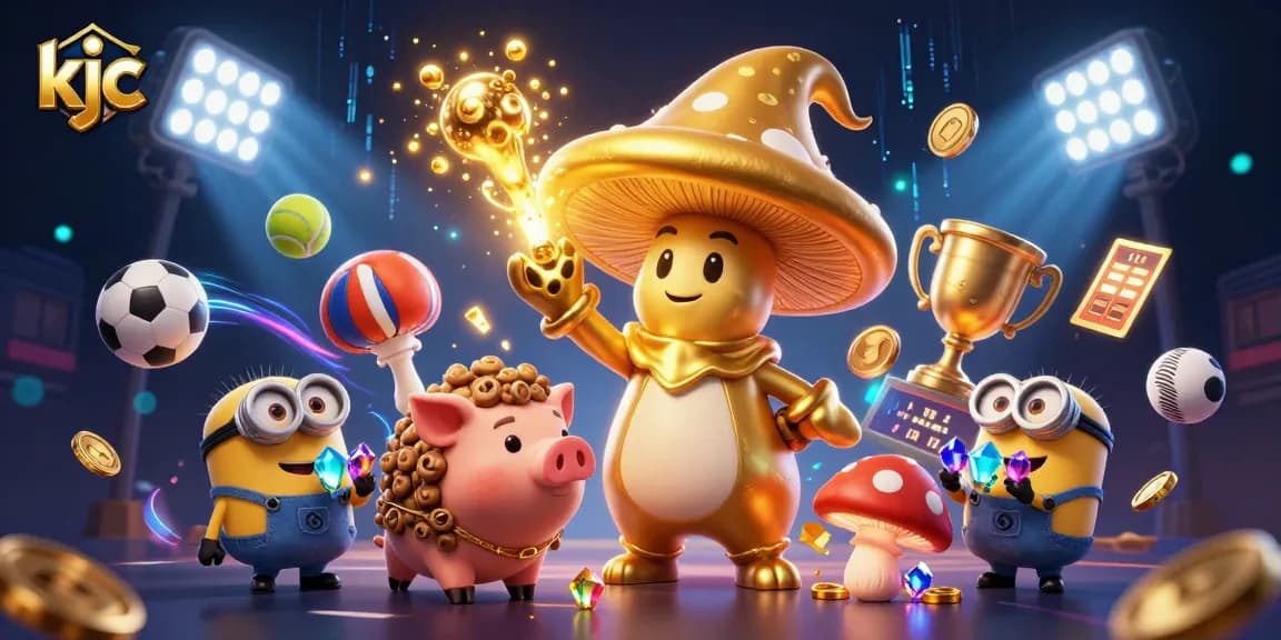 Experience the magic of kjc with a golden mushroom wizard conjuring treasures in a vibrant casino setting.
