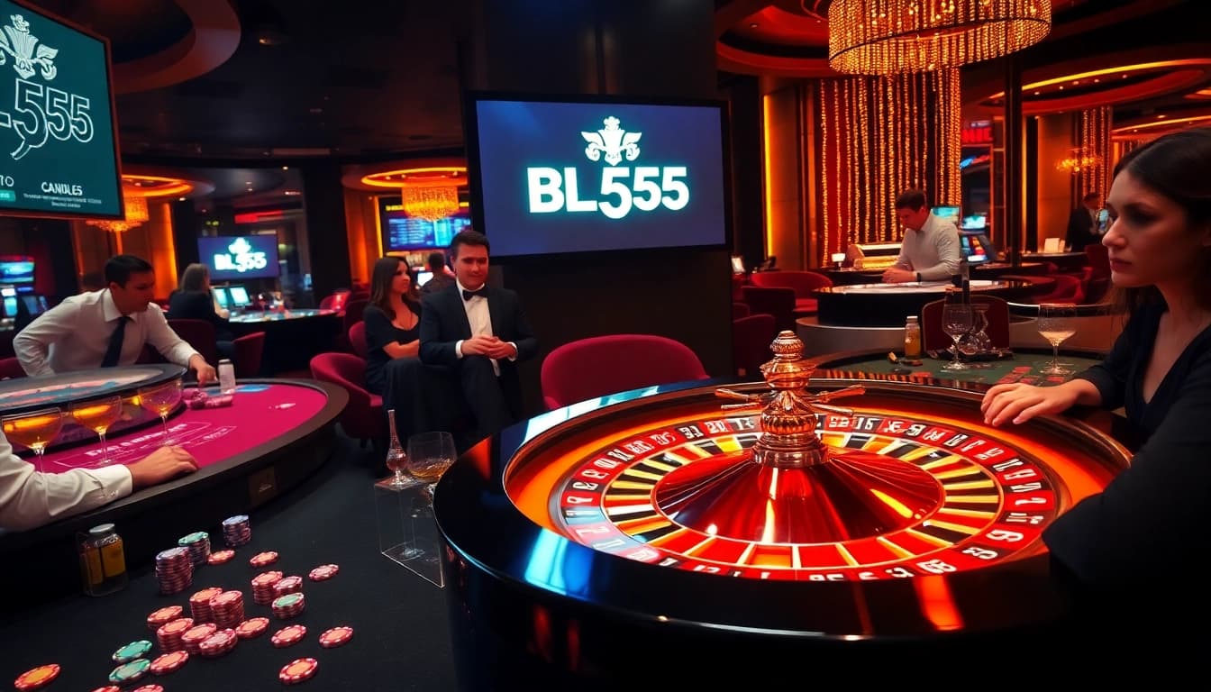 Engaged players at a vibrant BL555 casino showcasing roulette and poker chips.