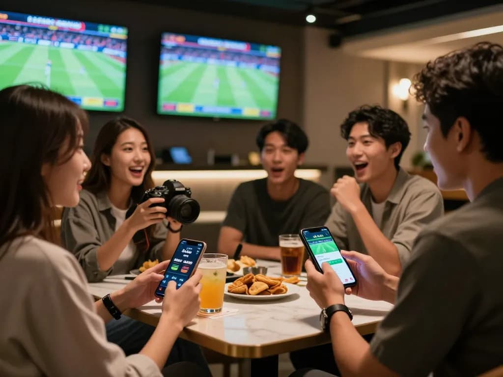 Soi Kèo friends enjoying sports betting while checking odds on their smartphone in a modern lounge.