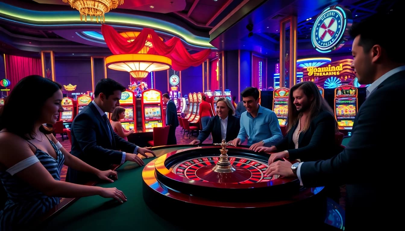 Engaging gambling forum scene at a casino, featuring players at a roulette table with vibrant atmosphere.