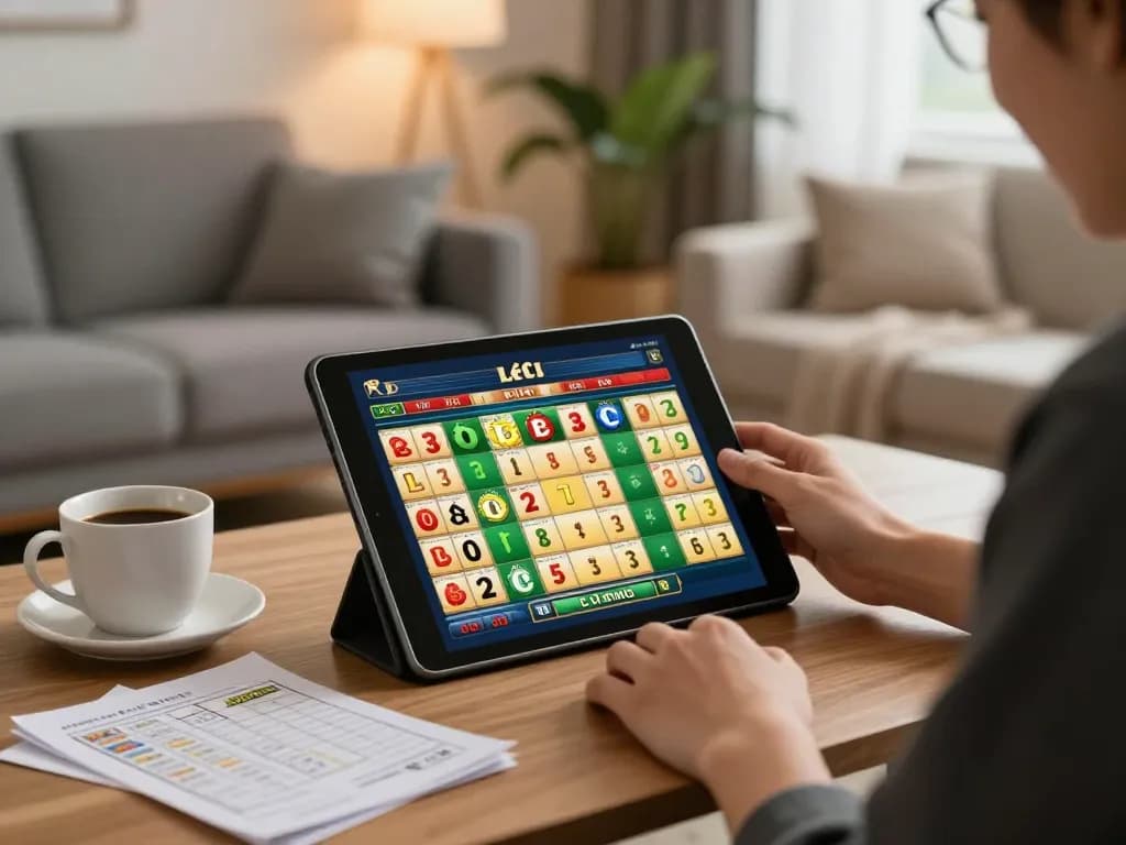 Lô đề online gaming experience in a modern cozy living room, showcasing strategy notes and a tablet.
