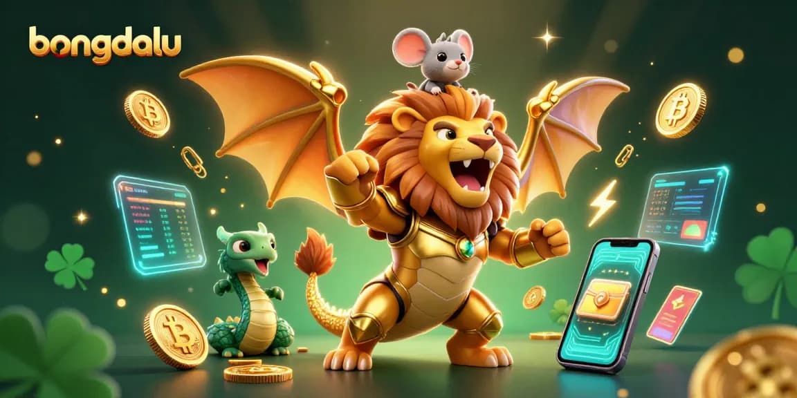 Bongdalu captures the thrill of gaming with a roaring chimera and crypto symbols amidst golden sparkles.