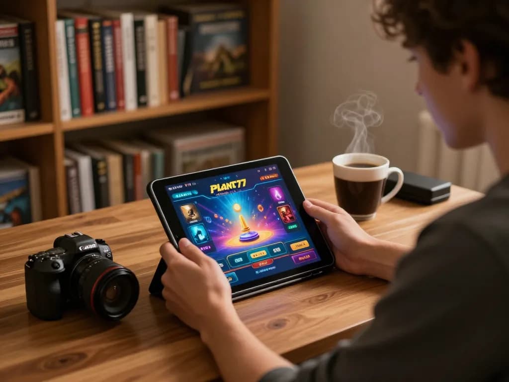Pemain menikmati permainan online Planet77 di tablet dengan suasana rumah yang hangat dan catatan strategi yang menarik.