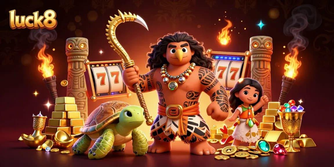 Spin the reels at luck8's exciting 3D casino adventure featuring a demigod and treasures.