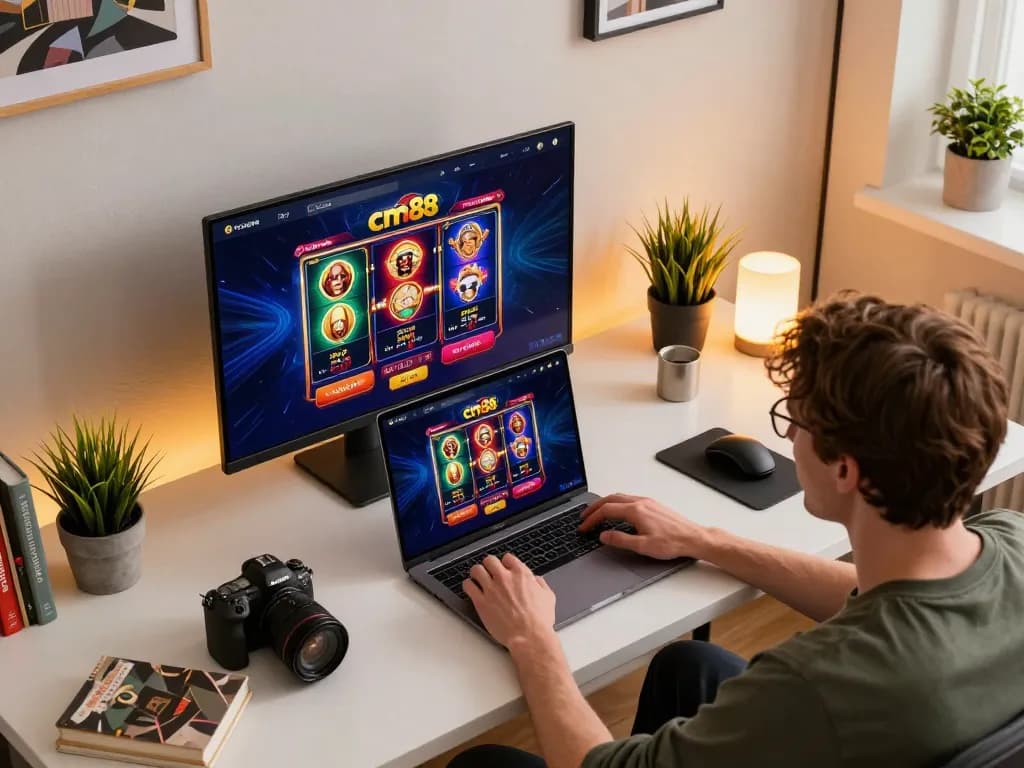 Person engaging in online gaming at cm88, showcasing exciting gameplay on a laptop.