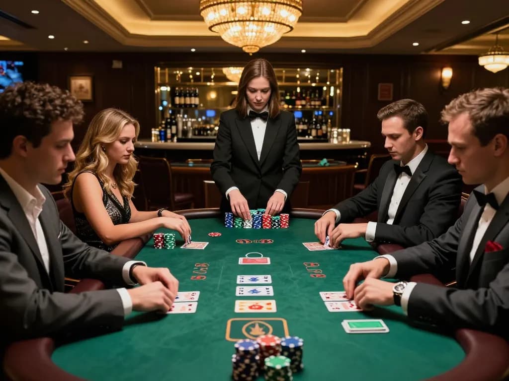 Players enjoying HM88 blackjack at a stylish casino table, vibrant atmosphere with colorful chips.