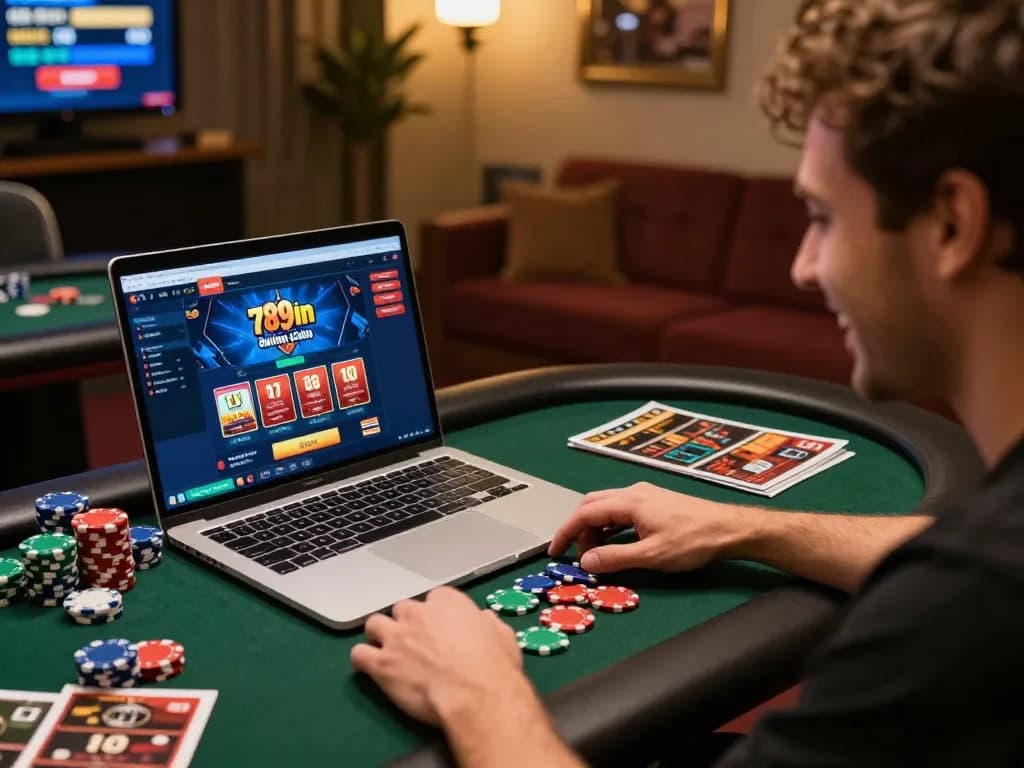 Player enjoying a winning hand on the 789win online casino, surrounded by strategy guides and poker chips