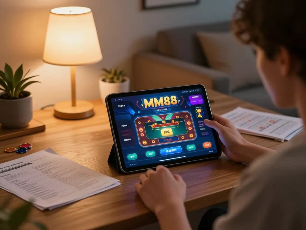 Player engaging with MM88's online casino platform on a tablet at home, showcasing responsible gaming.