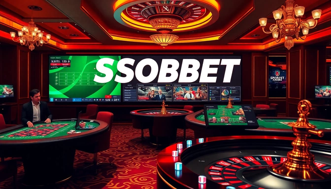 Sbobet link alternatif shining in a luxury casino scene with gaming tables and betting features.