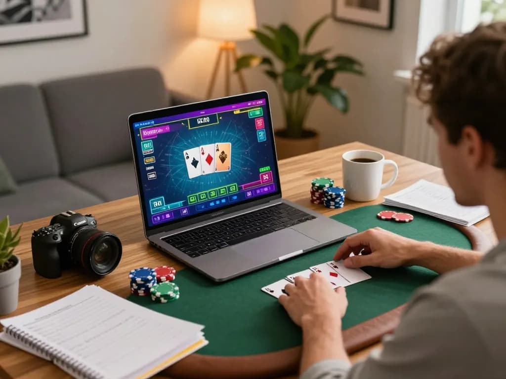 Players engaged in strategic online poker gameplay on F8bet, showcasing vibrant game interface and home setup.