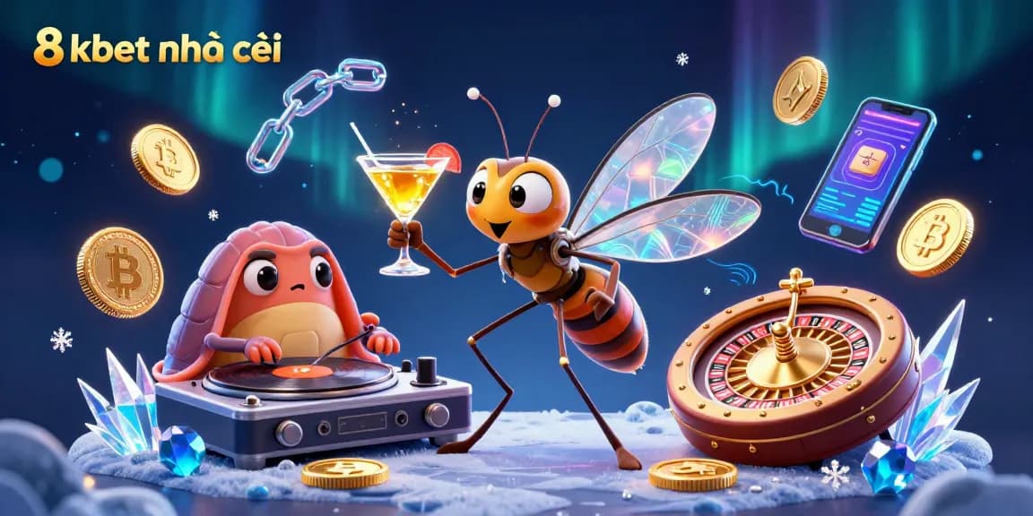 Experience the excitement at 8xbet nhà cái with vibrant 3D illustration of casino mascot characters and crypto coins.