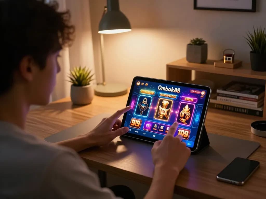 Pemain menikmati permainan kasino online Ombak88 di tablet dalam suasana rumah yang nyaman