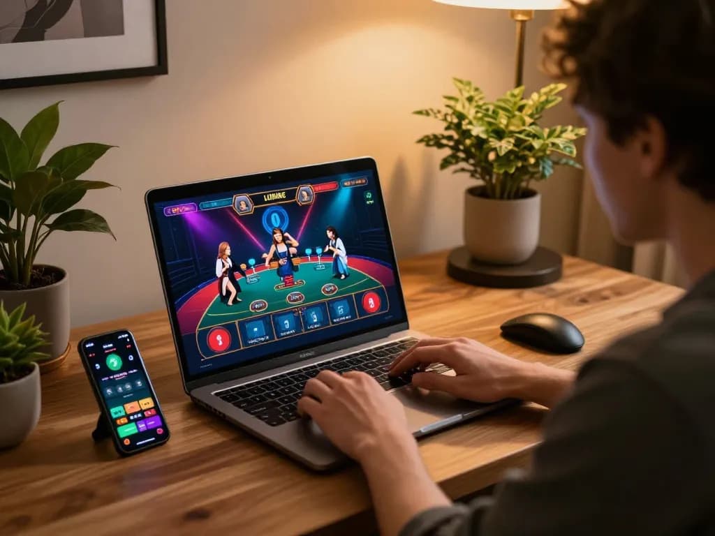 cm88seo player engaging with live dealer game on laptop in cozy home setting