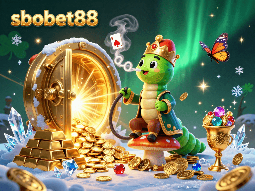 Savor the excitement of sbobet88 with a vibrant 3D illustration of a whimsical caterpillar and treasures.