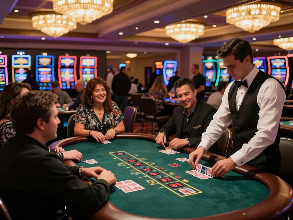 Players at a blackjack table placing bets at MM88 casino with vibrant lights and thrilling atmosphere.