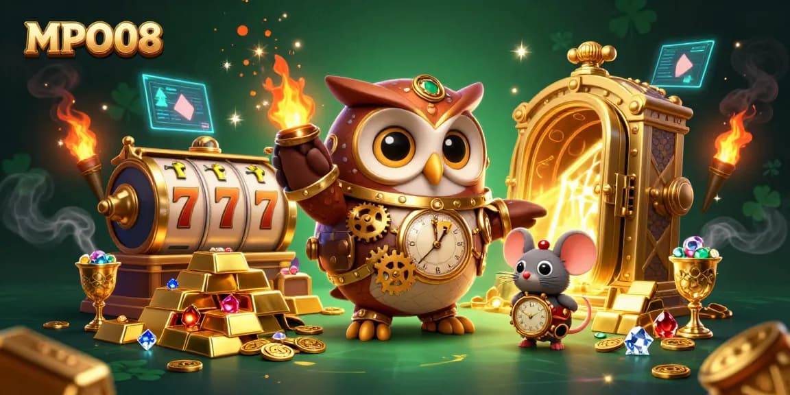 MPO08 offers thrilling gaming action with a time-traveler owl in a rich steampunk casino scene.