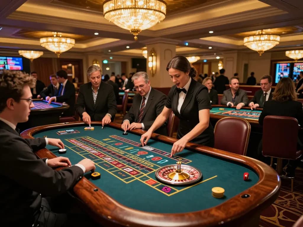 Engaged players at king33 enjoying live roulette in a luxurious casino environment.