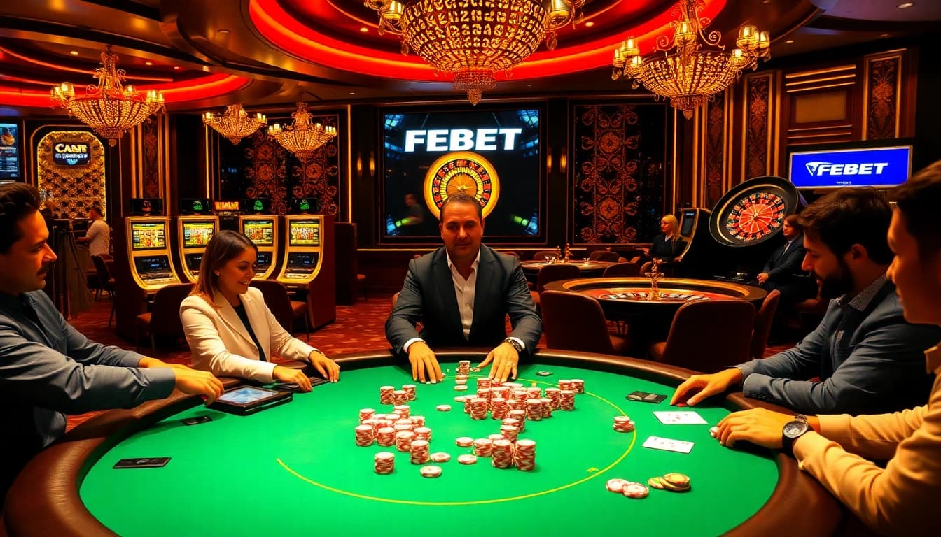 FEBET casino environment showcasing an exciting poker game with vibrant chips and professional dealer.