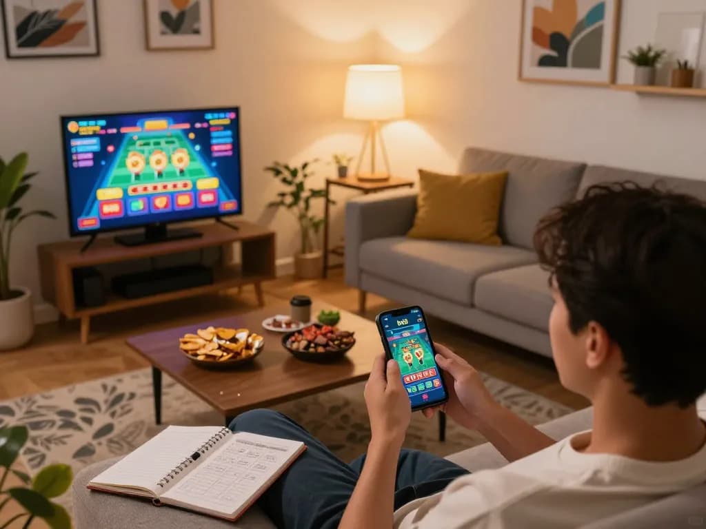 Player engaging with the bk8 mobile casino app in a cozy home gaming setup.