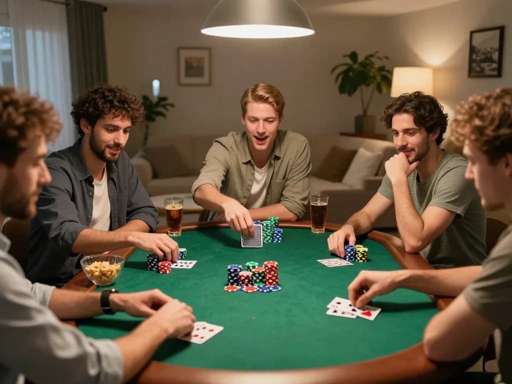 Friends enjoy a lively poker night at home, featuring b52club themed gameplay and vibrant atmosphere.