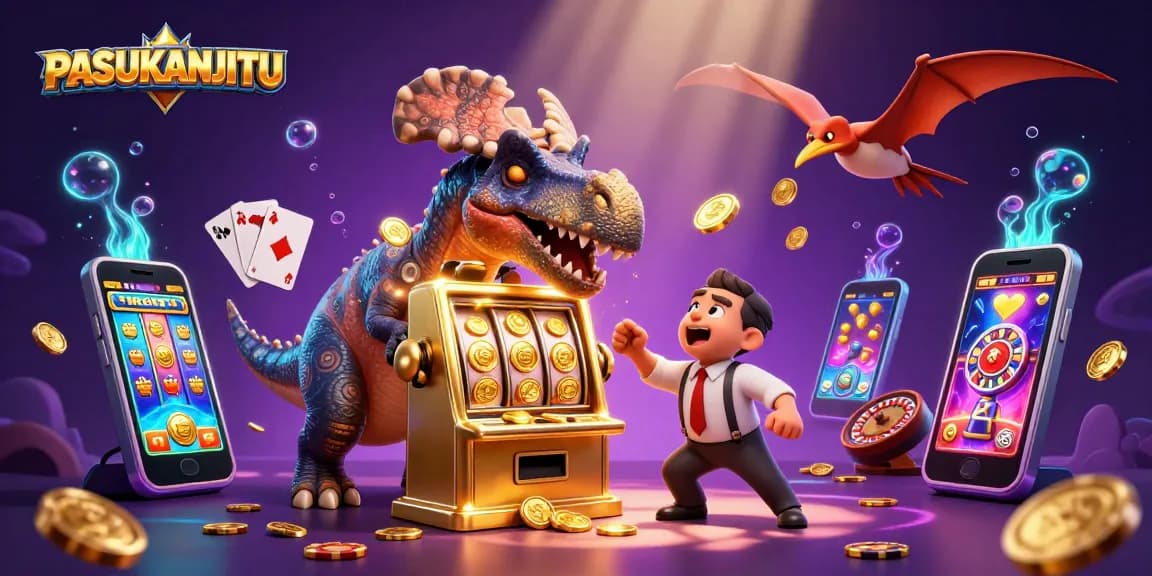 PASUKANJITU showcases a lively scene of cartoon dinosaurs bringing excitement to the casino, headbutting a slot machine for jackpots.