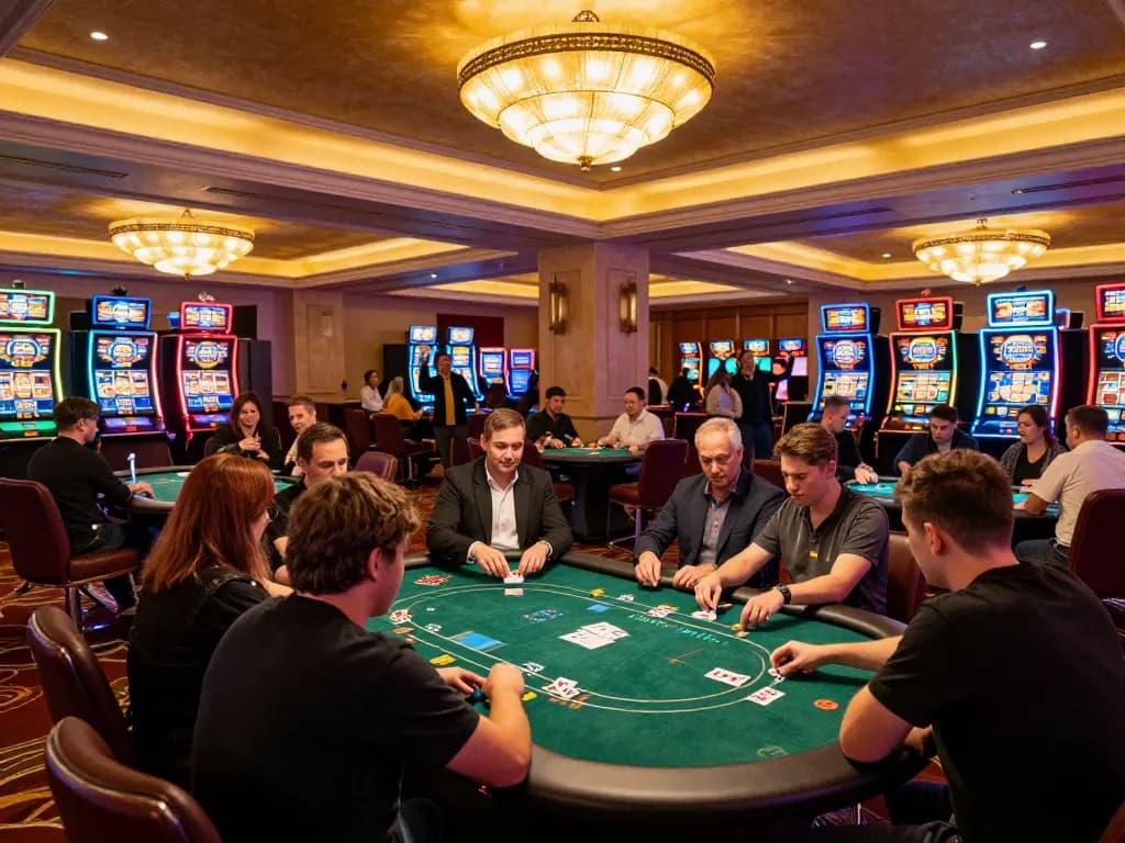 TG88 players enjoying an exciting poker game on a lively casino floor