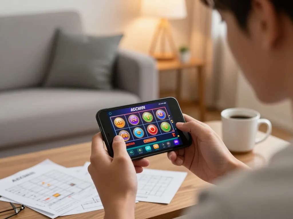 Permainan yang menarik di aplikasi AGCWIN ditampilkan di smartphone, menyoroti slot berwarna-warni dan catatan strategis.
