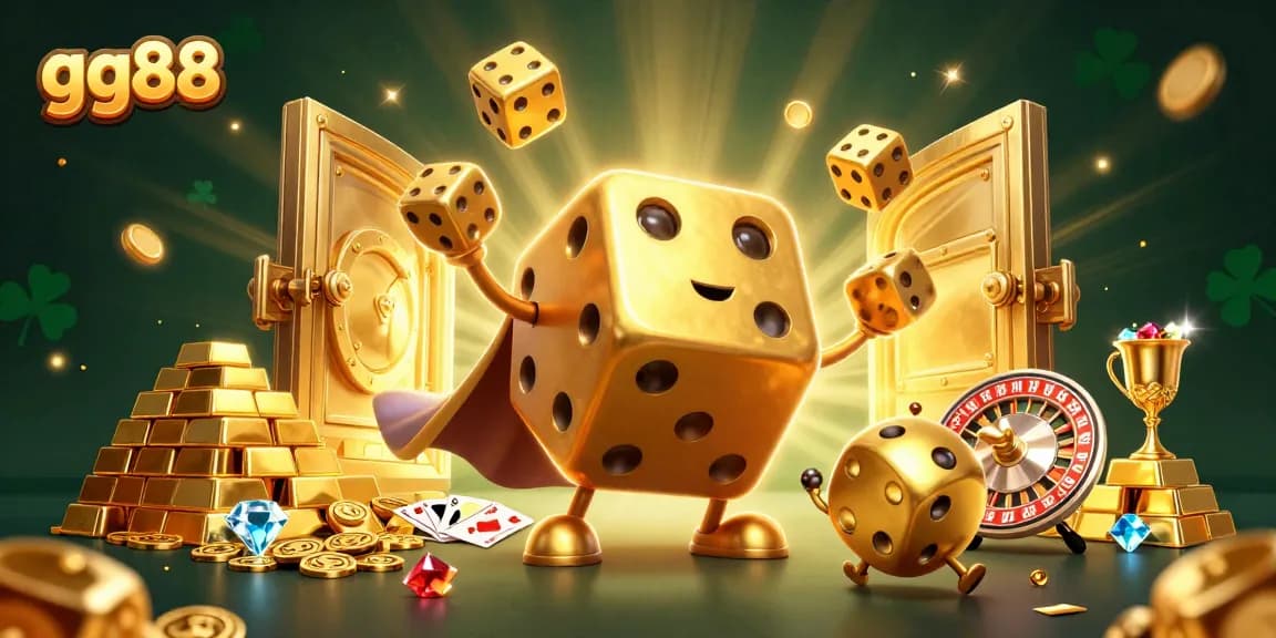 Experience gg88's vibrant casino world with golden dice, overflowing treasures, and dynamic gaming elements.