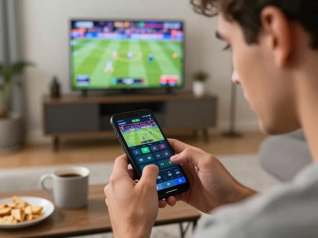 Player engaging with llwin mobile app for live sports betting at home, analyzing odds