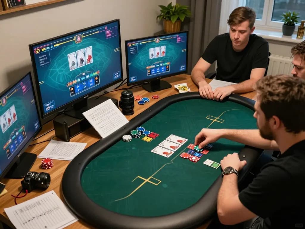 Sunwin players engaging in competitive online poker from home with visible gameplay and strategy notes